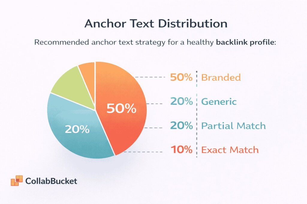 anchor text distribution infographic showing branded, generic, partial match and exact match backlink percentages