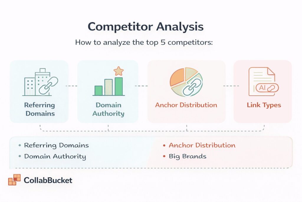 competitor backlink analysis infographic showing referring domains, domain authority, anchor distribution and link types